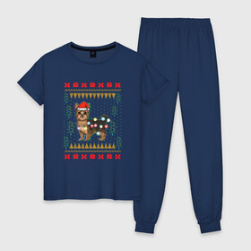 Женская пижама хлопок с принтом Рождественский свитер Йоркшик , 100% хлопок | брюки и футболка прямого кроя, без карманов, на брюках мягкая резинка на поясе и по низу штанин | christmas | ugly sweater | вечеринка | йорк | йоркширский терьер | новый год | праздники | рождественский свитер | рождество | собака | собачка | уродливый свитер