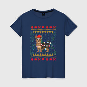 Женская футболка хлопок с принтом Рождественский свитер Йоркшик , 100% хлопок | прямой крой, круглый вырез горловины, длина до линии бедер, слегка спущенное плечо | Тематика изображения на принте: christmas | ugly sweater | вечеринка | йорк | йоркширский терьер | новый год | праздники | рождественский свитер | рождество | собака | собачка | уродливый свитер