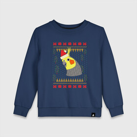 Детский свитшот хлопок с принтом Рождественский свитер Корелла , 100% хлопок | круглый вырез горловины, эластичные манжеты, пояс и воротник | Тематика изображения на принте: christmas | cockatiel | parrot | ugly sweater | корелла | новогодние праздники | новый год | попугай | птица | рождественский свитер | рождество | уродливый свитер