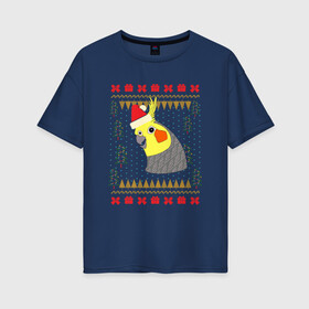 Женская футболка хлопок Oversize с принтом Рождественский свитер Корелла , 100% хлопок | свободный крой, круглый ворот, спущенный рукав, длина до линии бедер
 | christmas | cockatiel | parrot | ugly sweater | корелла | новогодние праздники | новый год | попугай | птица | рождественский свитер | рождество | уродливый свитер