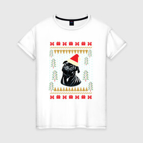 Женская футболка хлопок с принтом Рождественский свитер Черный мопс , 100% хлопок | прямой крой, круглый вырез горловины, длина до линии бедер, слегка спущенное плечо | christmas | ugly sweater | вечеринка | мопс | новогодние праздники | новый год | рождественский свитер | рождество | собака | собачка | уродливый свитер | черный мопс