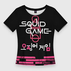 Женская футболка 3D Slim с принтом SQUID GAME [ALL LOGO] ,  |  | game | squid | squid game | игра в кальмара | кальмар | сериал