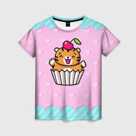 Женская футболка 3D с принтом Тигренок пирожное , 100% полиэфир ( синтетическое хлопкоподобное полотно) | прямой крой, круглый вырез горловины, длина до линии бедер | 2022 | год тигра | новый год | новый год 2022 | символ года | тигр | тигренок | тигрица | тигры