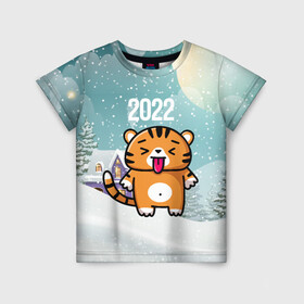 Детская футболка 3D с принтом Новогодний тигренок 2022 , 100% гипоаллергенный полиэфир | прямой крой, круглый вырез горловины, длина до линии бедер, чуть спущенное плечо, ткань немного тянется | 2022 | год тигра | новый год | новый год 2022 | символ года | тигр | тигренок | тигрица | тигры