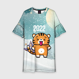 Детское платье 3D с принтом Новогодний тигренок 2022 , 100% полиэстер | прямой силуэт, чуть расширенный к низу. Круглая горловина, на рукавах — воланы | 2022 | год тигра | новый год | новый год 2022 | символ года | тигр | тигренок | тигрица | тигры