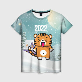 Женская футболка 3D с принтом Новогодний тигренок 2022 , 100% полиэфир ( синтетическое хлопкоподобное полотно) | прямой крой, круглый вырез горловины, длина до линии бедер | 2022 | год тигра | новый год | новый год 2022 | символ года | тигр | тигренок | тигрица | тигры