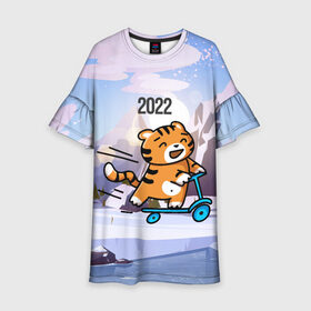 Детское платье 3D с принтом Тигренок  на  самокате , 100% полиэстер | прямой силуэт, чуть расширенный к низу. Круглая горловина, на рукавах — воланы | 2022 | год тигра | новый год | новый год 2022 | символ года | тигр | тигренок | тигрица | тигры