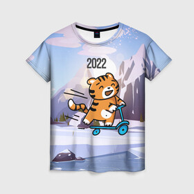 Женская футболка 3D с принтом Тигренок  на  самокате , 100% полиэфир ( синтетическое хлопкоподобное полотно) | прямой крой, круглый вырез горловины, длина до линии бедер | 2022 | год тигра | новый год | новый год 2022 | символ года | тигр | тигренок | тигрица | тигры