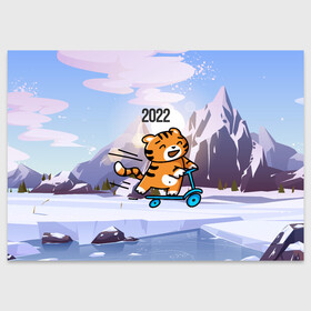 Поздравительная открытка с принтом Тигренок  на  самокате , 100% бумага | плотность бумаги 280 г/м2, матовая, на обратной стороне линовка и место для марки
 | Тематика изображения на принте: 2022 | год тигра | новый год | новый год 2022 | символ года | тигр | тигренок | тигрица | тигры