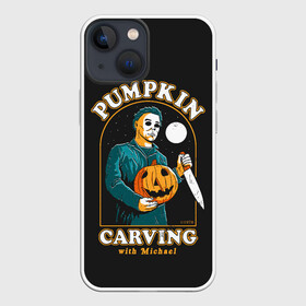 Чехол для iPhone 13 mini с принтом Резьба по тыкве с Майклом ,  |  | carving | ghost | halloween | jack | killer | lamp | michael | monster | moon | myers | night | pumpkin | retro | джека | луна | майерс | майкл | монстр | ночь | по | призраки | резьба | ретро | светильник | тыква | тыкве