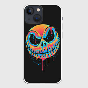 Чехол для iPhone 13 mini с принтом Jack Skellington. Paints ,  |  | Тематика изображения на принте: before | christmas | halloween | mystic | nightmare | paints | skeleton | skull | smile | джек | джэк | краски | мистика | перед | рождеством | скелет | скеллингтон | смайл | улыбка | хэллоуин | череп