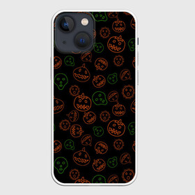 Чехол для iPhone 13 mini с принтом Хэллоуин  тыквы и корона ,  |  | Тематика изображения на принте: alien | black | contours | coronavirus | covid | funny | ghost | green | halloween | horror | monster | orange | pumpkins | scary | skull | жуть | забавно | зеленый | инопланетянин | ковид | контуры | коронавирус | монстр | оранжевый | привидение | страшн