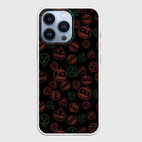 Чехол для iPhone 13 Pro с принтом Хэллоуин  тыквы и корона ,  |  | Тематика изображения на принте: alien | black | contours | coronavirus | covid | funny | ghost | green | halloween | horror | monster | orange | pumpkins | scary | skull | жуть | забавно | зеленый | инопланетянин | ковид | контуры | коронавирус | монстр | оранжевый | привидение | страшн