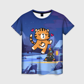 Женская футболка 3D с принтом Влюбленный тигренок с сердечками , 100% полиэфир ( синтетическое хлопкоподобное полотно) | прямой крой, круглый вырез горловины, длина до линии бедер | 2022 | год тигра | новый год | новый год 2022 | символ года | тигр | тигренок | тигрица | тигры