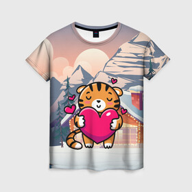 Женская футболка 3D с принтом Тигренок   любовь , 100% полиэфир ( синтетическое хлопкоподобное полотно) | прямой крой, круглый вырез горловины, длина до линии бедер | 2022 | год тигра | новый год | новый год 2022 | символ года | тигр | тигренок | тигрица | тигры