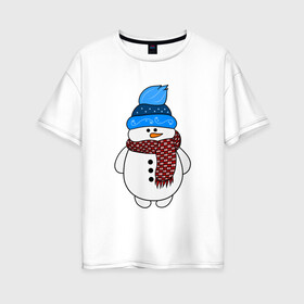 Женская футболка хлопок Oversize с принтом Снеговик в шапочке , 100% хлопок | свободный крой, круглый ворот, спущенный рукав, длина до линии бедер
 | christmas | happy new year | merry christmas | new year | snowman | winter | зима | новогодние рисунки | новый год | подарок | рождество | с новым годом | снеговик
