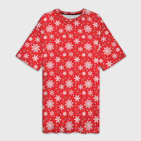 Платье-футболка 3D с принтом Снежинки (красный фон) ,  |  | merry christmas | дед мороз | ёлка | зима | мороз | новый год | подарок | праздник | рождество | с новым годом | сантаклаус | снег | снеговик | снегурочка | снежинки | снежные узоры | узоры
