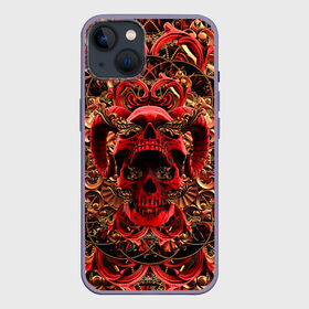 Чехол для iPhone 13 с принтом Череп красного демона ,  |  | gold | halloween | happy halloween | holiday | horns of satan | ornament | patterns | red skull | золото | красный череп | орнамент | праздник | рога сатаны | узоры | хэллоуин