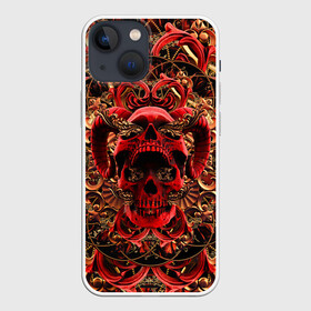 Чехол для iPhone 13 mini с принтом Череп красного демона ,  |  | gold | halloween | happy halloween | holiday | horns of satan | ornament | patterns | red skull | золото | красный череп | орнамент | праздник | рога сатаны | узоры | хэллоуин