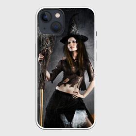 Чехол для iPhone 13 с принтом Милая ведьма с метлой ,  |  | beautiful girl | black witch | broom and pumpkin | brunette | charming witch | cute | cute look | halloween | happy halloween | holiday | mous | брюнетка | красивая девушка | метла и тыква | милая | милый взгляд | мышь | очаровательная колд