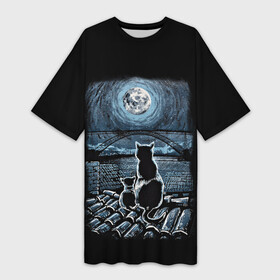 Платье-футболка 3D с принтом КОТЫ НА КРЫШЕ ,  |  | Тематика изображения на принте: cat | moon | night | животные | звезды | звери | кот | котенок | коты | кошка | красиво | крыша | луна | мама | небо | ночь | тьма