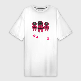 Платье-футболка хлопок с принтом Корейская игра в кальмара 2021 ,  |  | Тематика изображения на принте: pink | squid game | игра на выживание | кальмар | королевская битва | ли чон чжэ | пак хэ cу | розовые солдаты | хван дон хёк