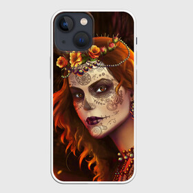 Чехол для iPhone 13 mini с принтом Рыжая Ведьма с розами ,  |  | body art | day of the dead | face painting | halloween | happy halloween | holiday | redhaired witch | skull | thorns and roses | боди арт | день мертвых | праздник | роспись на лице | рыжая ведьма | хэллоуин | череп | шипы и розы