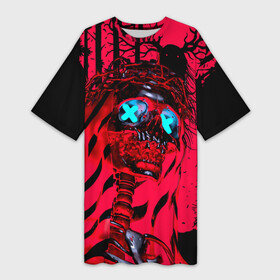 Платье-футболка 3D с принтом Красный скелет в диком лесу ,  |  | halloween | happy halloween | holiday | monster | neon crosses | night | red skeleton | skull | wild forest | дикий лес | красный скелет | неоновые кресты | ночь | праздник | хэллоуин | череп | чудовище