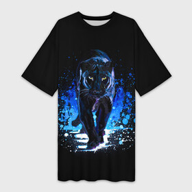 Платье-футболка 3D с принтом Черная пантера пятна краски ,  |  | black panther | panthera | большая кошка | красивая кошка | пантера | пятна краски | синяя краска | хищный зверь | черная пантера