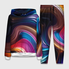 Женский костюм 3D (с толстовкой) с принтом Цветные неоновые волны ,  |  | colorful waves | digital art | neon stripes | rainbow | абстракция | волны красок | неоновые волны | неоновый узор | цветные волны | цветные полосы