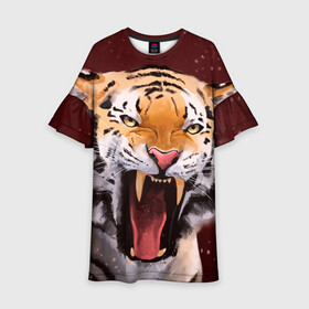 Детское платье 3D с принтом Тигр красавчик сердится , 100% полиэстер | прямой силуэт, чуть расширенный к низу. Круглая горловина, на рукавах — воланы | 2022 | aggressive | angry | fangs | new year | open mouth | predator | tiger | year of the tiger | агрессивный | год тигра | клыки | новый год | открытая пасть | сердитый | тигр | хищник