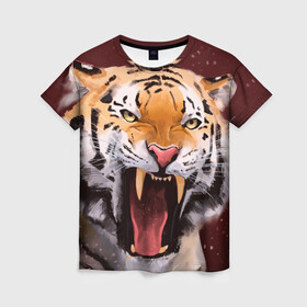 Женская футболка 3D с принтом Тигр красавчик сердится , 100% полиэфир ( синтетическое хлопкоподобное полотно) | прямой крой, круглый вырез горловины, длина до линии бедер | 2022 | aggressive | angry | fangs | new year | open mouth | predator | tiger | year of the tiger | агрессивный | год тигра | клыки | новый год | открытая пасть | сердитый | тигр | хищник