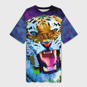 Платье-футболка 3D с принтом Рычащий Шархан ,  |  | 2022 | evil face | growling | new year | pop art | predator | tiger | year of the tiger | год тигра | новый год | поп арт | рычащий | тигр | хищник