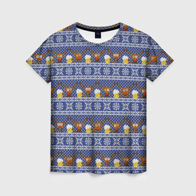 Женская футболка 3D с принтом Олени отдыхают , 100% полиэфир ( синтетическое хлопкоподобное полотно) | прямой крой, круглый вырез горловины, длина до линии бедер | вязанный | новогодний | олень | паттерн | рождественский | с оленями | свитер | узор