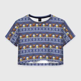 Женская футболка Crop-top 3D с принтом Олени отдыхают , 100% полиэстер | круглая горловина, длина футболки до линии талии, рукава с отворотами | вязанный | новогодний | олень | паттерн | рождественский | с оленями | свитер | узор