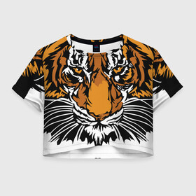 Женская футболка Crop-top 3D с принтом Взгляд хозяина джунглей , 100% полиэстер | круглая горловина, длина футболки до линии талии, рукава с отворотами | 2022 | african | direct look | master of the jungle | muzzle | new year | predator | tiger | year of the tiger | африканский | год тигра | новый год | прямой взгляд | тигр | хищник | хозяин джунглей