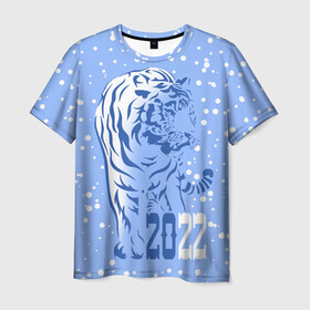 Мужская футболка 3D с принтом Голубой водяной тигр , 100% полиэфир | прямой крой, круглый вырез горловины, длина до линии бедер | 2022 | beast | blue water tiger | is coming | new year | predator | strength and tranquility | year of the tiger | год тигра | зверь | зима | идет | новый год | сила и спокойствие | снег | хищник
