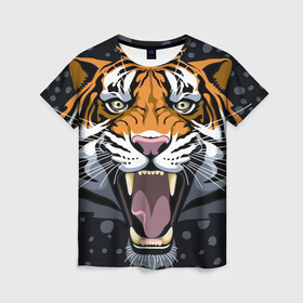 Женская футболка 3D с принтом Амурский тигр в ночи , 100% полиэфир ( синтетическое хлопкоподобное полотно) | прямой крой, круглый вырез горловины, длина до линии бедер | 2022 | aggression | amur tiger | beast | grin | new year | night | open mouth | predator | snowfall | winter | year of the tiger | агрессия | амурский тигр | год тигра | зверь | зима | новый год | ночь | оскал | открытая пасть | снегопад | хищник