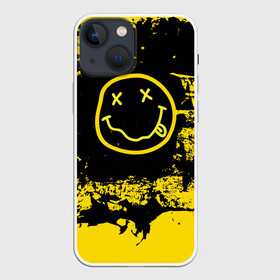 Чехол для iPhone 13 mini с принтом Нирвана Гранж | Nirvana Smile ,  |  | album | curt | grunge | kobain | logo | music | nevermind | nirvana | rock | smells like | smile | teen spirit | альбом | брызги | гитара | гранж | курт кобейн | логотип | музыка | невермайнд | нирвана | потертости | рок | смайл | стикер