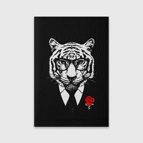 Обложка для паспорта матовая кожа с принтом Тигр с красной розой , натуральная матовая кожа | размер 19,3 х 13,7 см; прозрачные пластиковые крепления | Тематика изображения на принте: 2022 | authority | black suit | godfather | holiday | mafia | new year | red rose | year of the tiger | авторитет | год тигра | красная роза | крестный отец | мафия | новый год | праздник | тигр в очках | черный костюм