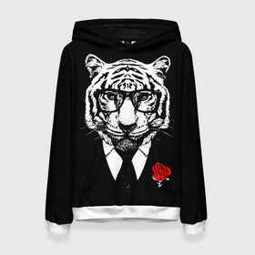 Женская толстовка 3D с принтом Тигр с красной розой , 100% полиэстер  | двухслойный капюшон со шнурком для регулировки, мягкие манжеты на рукавах и по низу толстовки, спереди карман-кенгуру с мягким внутренним слоем. | 2022 | authority | black suit | godfather | holiday | mafia | new year | red rose | year of the tiger | авторитет | год тигра | красная роза | крестный отец | мафия | новый год | праздник | тигр в очках | черный костюм