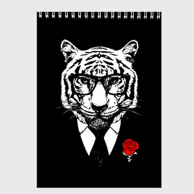 Скетчбук с принтом Тигр с красной розой , 100% бумага
 | 48 листов, плотность листов — 100 г/м2, плотность картонной обложки — 250 г/м2. Листы скреплены сверху удобной пружинной спиралью | 2022 | authority | black suit | godfather | holiday | mafia | new year | red rose | year of the tiger | авторитет | год тигра | красная роза | крестный отец | мафия | новый год | праздник | тигр в очках | черный костюм