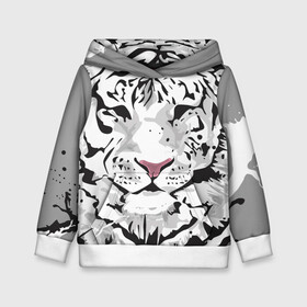Детская толстовка 3D с принтом Белый снежный тигр , 100% полиэстер | двухслойный капюшон со шнурком для регулировки, мягкие манжеты на рукавах и по низу толстовки, спереди карман-кенгуру с мягким внутренним слоем | 2022 | art | beast | new year | predator | splashes and drops | white tiger | year of the tiger | белый тигр | брызги и капли | год тигра | зверь | искусство | новый год | хищник
