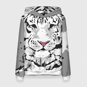 Женская толстовка 3D с принтом Белый снежный тигр , 100% полиэстер  | двухслойный капюшон со шнурком для регулировки, мягкие манжеты на рукавах и по низу толстовки, спереди карман-кенгуру с мягким внутренним слоем. | 2022 | art | beast | new year | predator | splashes and drops | white tiger | year of the tiger | белый тигр | брызги и капли | год тигра | зверь | искусство | новый год | хищник