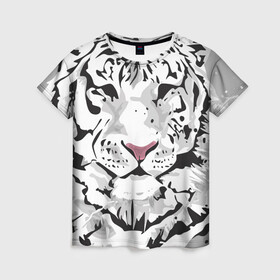 Женская футболка 3D с принтом Белый снежный тигр , 100% полиэфир ( синтетическое хлопкоподобное полотно) | прямой крой, круглый вырез горловины, длина до линии бедер | 2022 | art | beast | new year | predator | splashes and drops | white tiger | year of the tiger | белый тигр | брызги и капли | год тигра | зверь | искусство | новый год | хищник