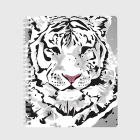 Тетрадь с принтом Белый снежный тигр , 100% бумага | 48 листов, плотность листов — 60 г/м2, плотность картонной обложки — 250 г/м2. Листы скреплены сбоку удобной пружинной спиралью. Уголки страниц и обложки скругленные. Цвет линий — светло-серый
 | Тематика изображения на принте: 2022 | art | beast | new year | predator | splashes and drops | white tiger | year of the tiger | белый тигр | брызги и капли | год тигра | зверь | искусство | новый год | хищник