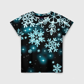 Детская футболка 3D с принтом Космические снежинки , 100% гипоаллергенный полиэфир | прямой крой, круглый вырез горловины, длина до линии бедер, чуть спущенное плечо, ткань немного тянется | Тематика изображения на принте: christmas | happy new year | merry christmas | neon | new year | snow | snowflakes | winter | декабрь | звезды | зима | зимний орнамент | зимний узор | зимняя ночь | неоновый | новогодний принт | новогодняя ночь | новый год | ночь | подарок