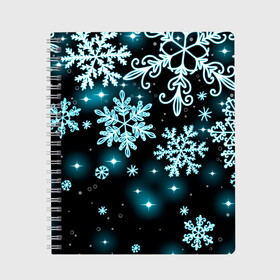 Тетрадь с принтом Космические снежинки , 100% бумага | 48 листов, плотность листов — 60 г/м2, плотность картонной обложки — 250 г/м2. Листы скреплены сбоку удобной пружинной спиралью. Уголки страниц и обложки скругленные. Цвет линий — светло-серый
 | christmas | happy new year | merry christmas | neon | new year | snow | snowflakes | winter | декабрь | звезды | зима | зимний орнамент | зимний узор | зимняя ночь | неоновый | новогодний принт | новогодняя ночь | новый год | ночь | подарок