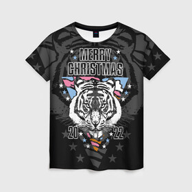 Женская футболка 3D с принтом Merry Christmas 2022 , 100% полиэфир ( синтетическое хлопкоподобное полотно) | прямой крой, круглый вырез горловины, длина до линии бедер | 2022 | beast | merry christmas | new year | predator | stars | stern look | white tiger | year of the tiger | белый тигр | год тигра | звезды | зверь | новый год | суровый взгляд | хищник