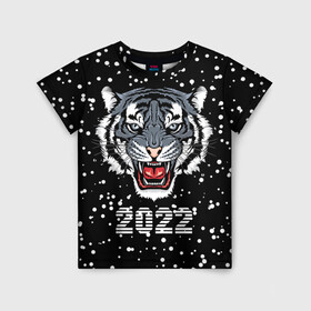 Детская футболка 3D с принтом Черный водяной тигр 2022 , 100% гипоаллергенный полиэфир | прямой крой, круглый вырез горловины, длина до линии бедер, чуть спущенное плечо, ткань немного тянется | Тематика изображения на принте: 2022 | beast | black water tiger | fangs | merry christmas | new year | predator | snow | stern grin | winter | year of the tiger | год тигра | зверь | зима | клыки | новый год | снег | суровый оскал | хищник | черный водяной тигр